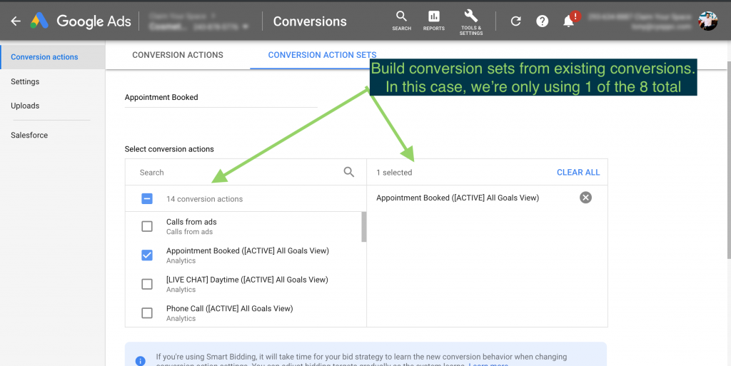 Dashboard showing Google Conversion Sets in CTM