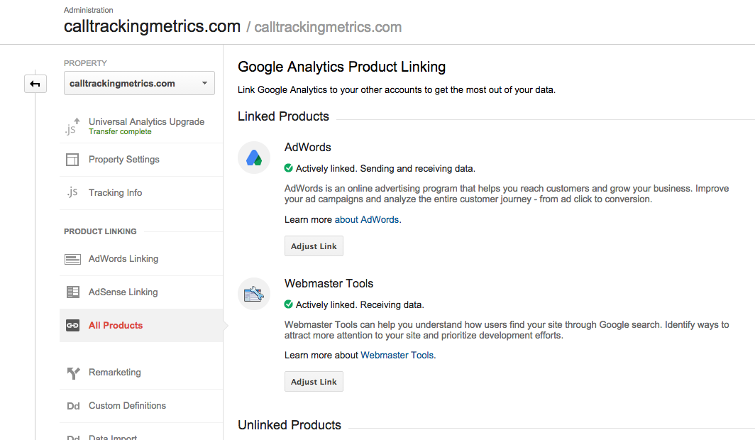 where to link your Analytics account up with Adwords and Webmasters