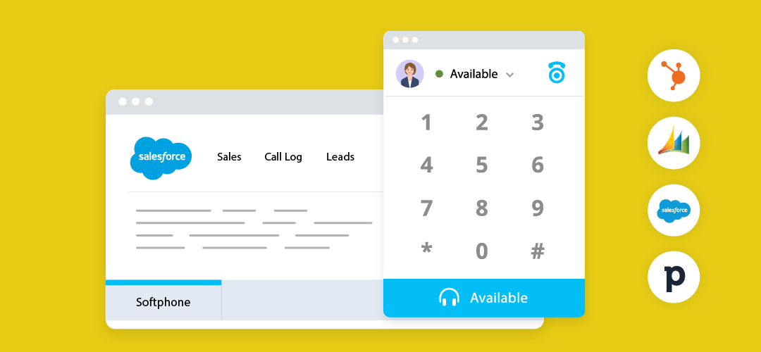 Yellow rectangle with images of a dialer pad and CRM systems HubSpot, pipedrive, and salesforce to show what a call center agent sees in a softphone.