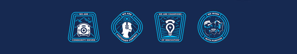 Logos of CallTrackingMetrics' values of community-driven, customer-centric, champions of innovation, and work with purpose. 