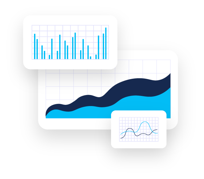 Blue and white visual showing bar graphs and charts. 