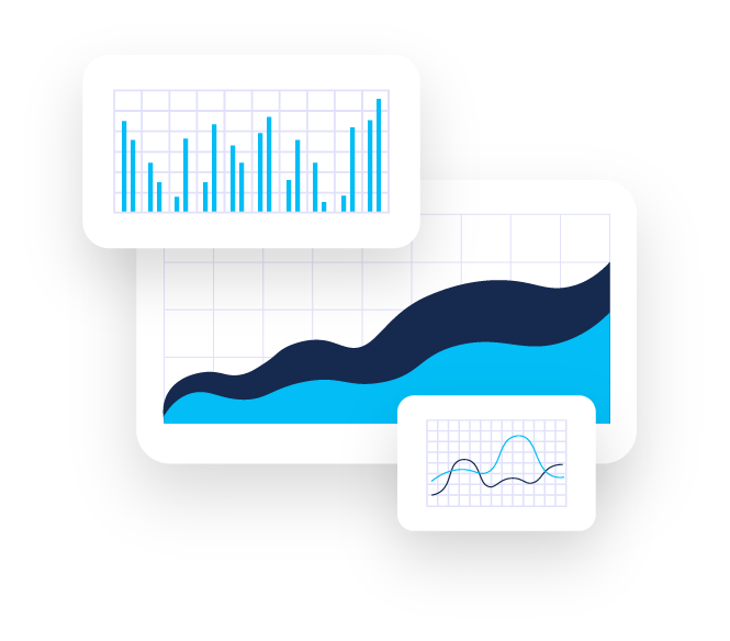 Blue and white visual showing bar graphs and charts.