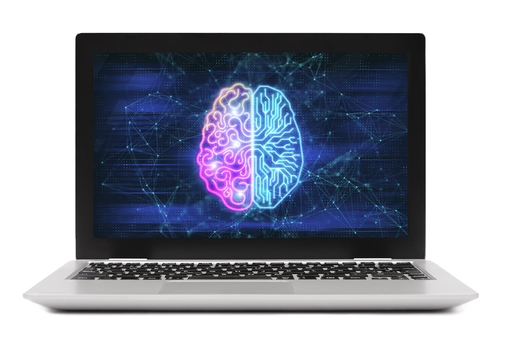 open laptop showing an illuminated brain illustration