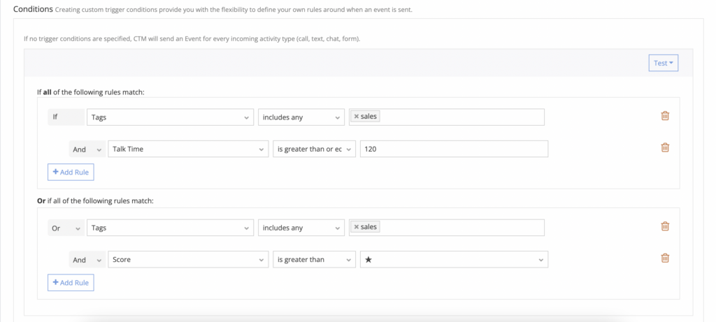 CallTrackingMetrics GA4 integration screenshot for setting your event conditions