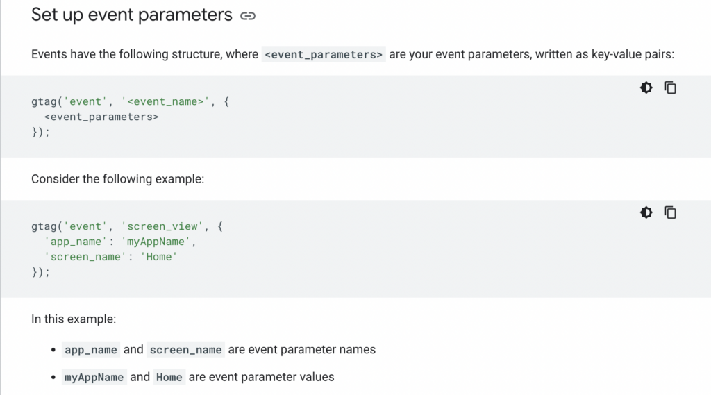 Sample code for setting up event parameters in GA4 directly on your site.