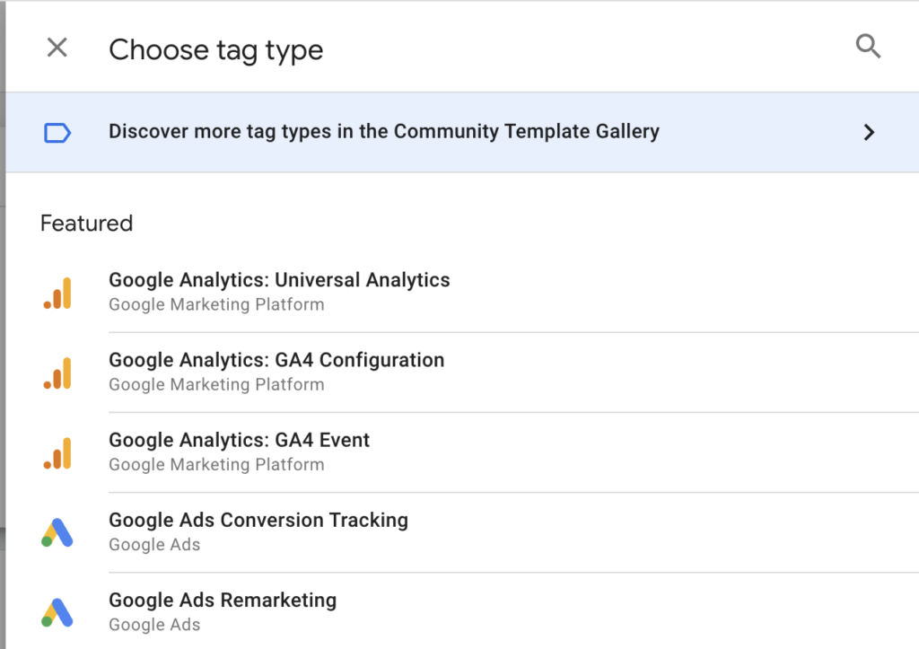 Screenshot of Google Tag Manager to select Google Analytics GA4 Event tag type