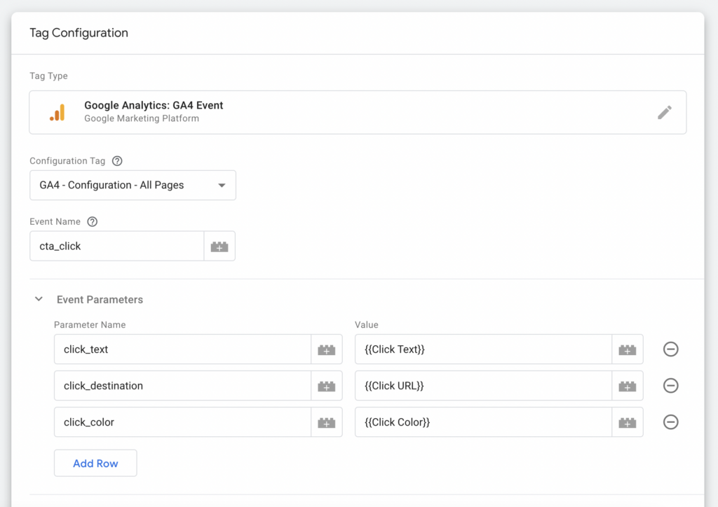 Google Tag Managaer GA4 tag configuration screenshot. Included sample event name, cta_click and three sample parameters