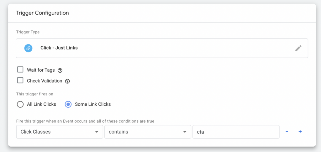 Sample Google Tag Manager trigger configuration screenshot showing just clicks, for only clicks containing 'cta'