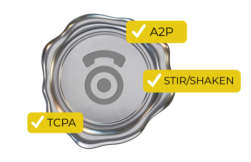 CallTrackingMetrics logo with boxes checked showing compliance with A2P, Stir/Shaken, and TCPA. 
