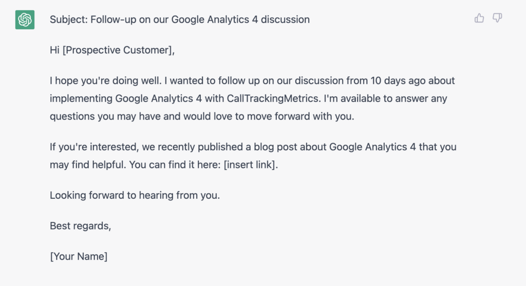 An example response from ChatGPT for a sales email follow up to a hypothetical GA4 and CallTrackingMetrics demo.