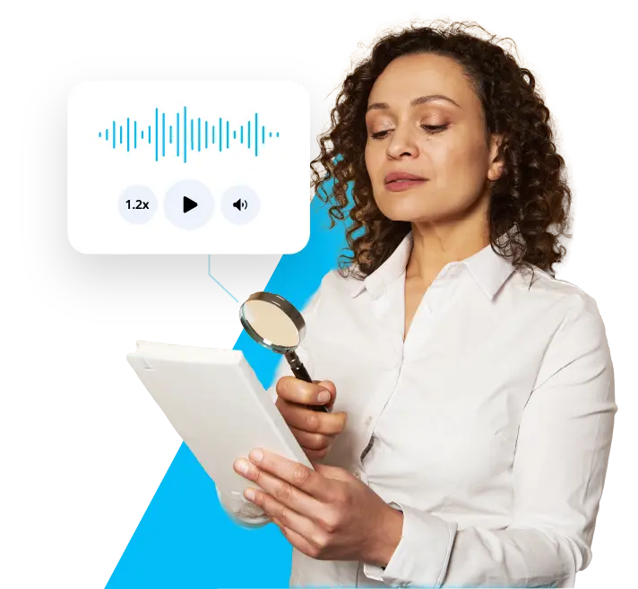 Woman analyzing a document and with a hovering audio player