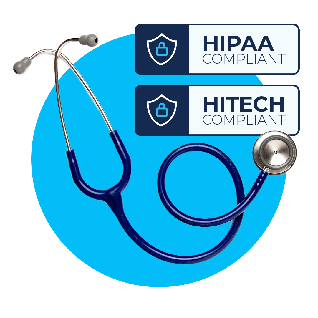 Image of a stethescope and HIPAA and HITECH compliance logos.