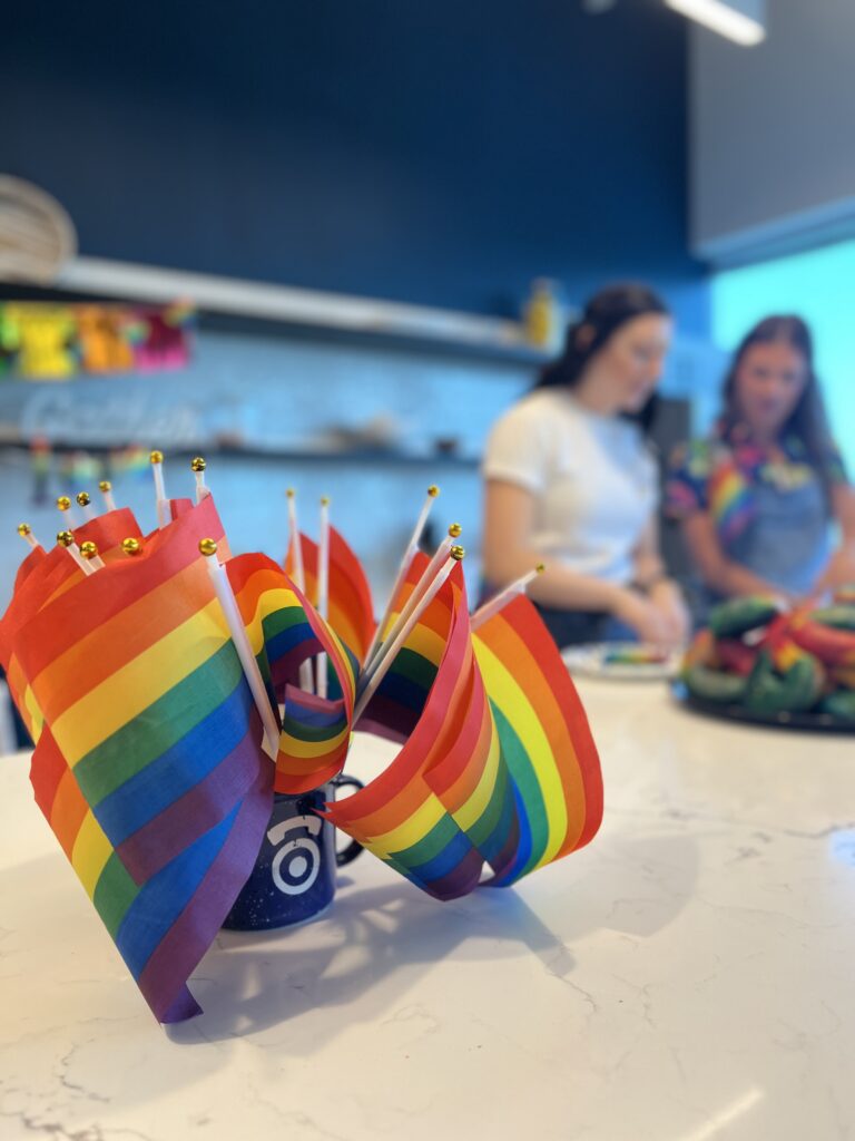 Pride flags at a company Pride breakfast. This is one of the ways CallTrackingMetrics celebrated Pride Month.