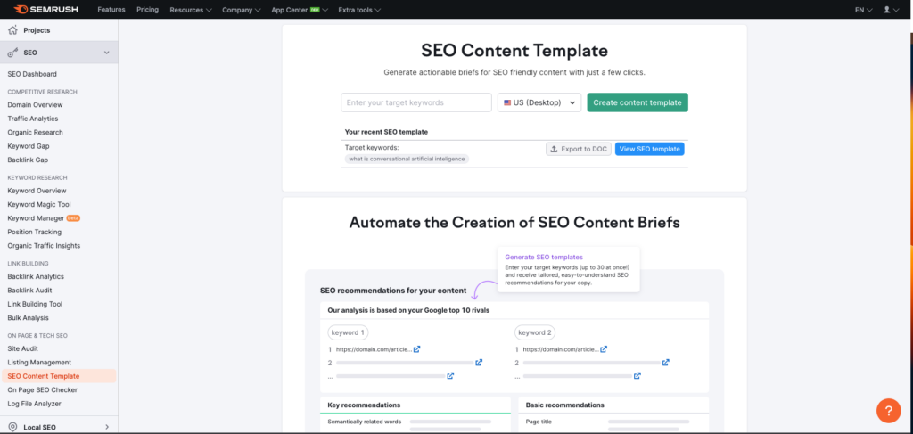 Image of SEMrush's SEO content template another example of conversational AI uses. 