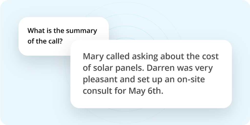 Example of conversational AI and AskAI summarizing a phone call in one sentence. 