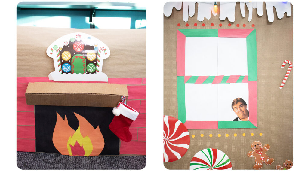 On the left, a paper fireplace. On the right, papercut windows with green and red frame, candy decorations, and a portrait of John Candy popping through the window