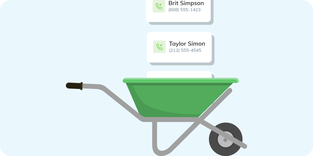 A graphic image of a wheel barrel with names and phone numbers coming out of the bucket part. 