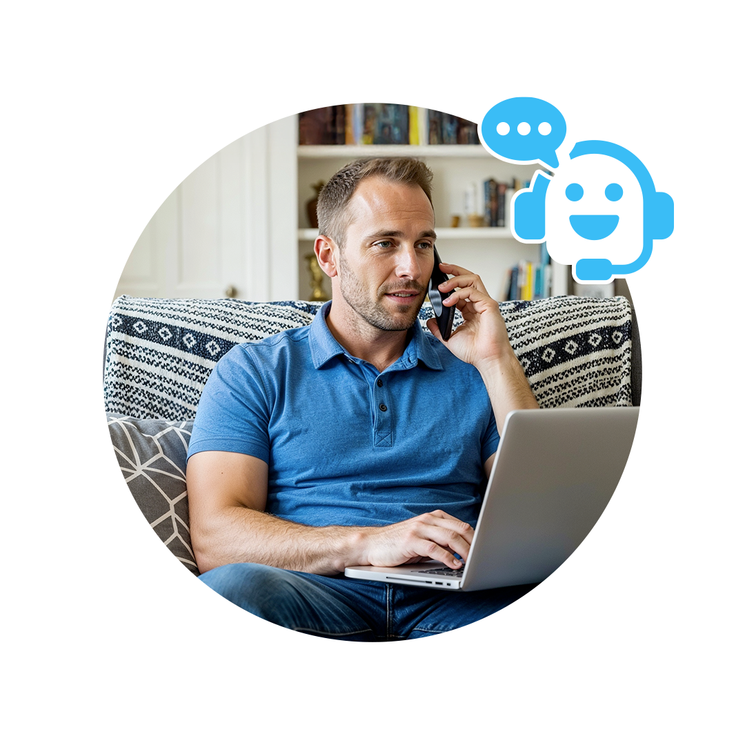 man on couch on laptop speaking with a cute blue robot icon.